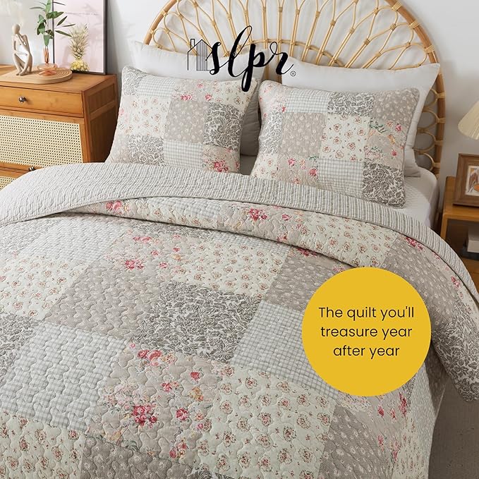 SLPR Walk in The Cotswolds Patchwork Cotton Pieced Quilt Set - Twin Size with 1 Sham, Neutral Floral & Cream Cottage Quilted Bedspread, French Country Farmhouse Bedding for All Seasons