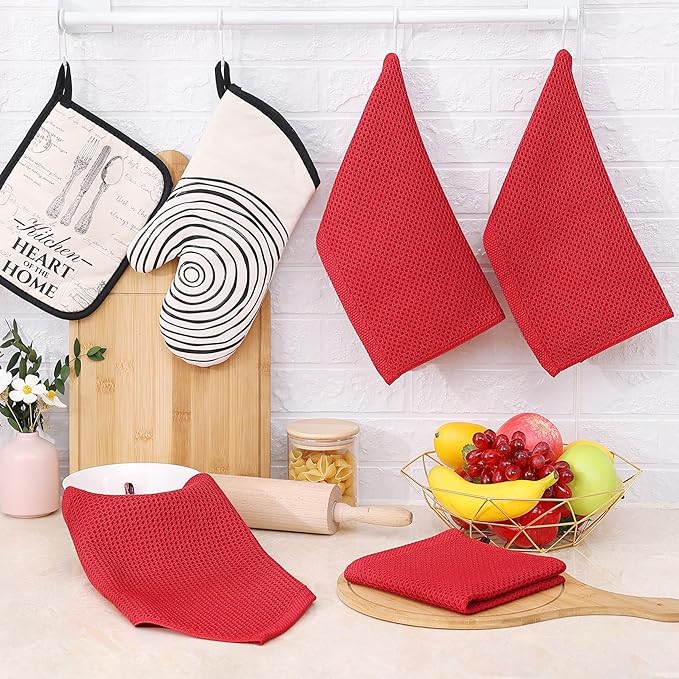 Homaxy 100% Cotton Waffle Weave Kitchen Dish Towels, Ultra Soft Absorbent Quick Drying Cleaning Towel, 13 x 28 Inches, 4-Pack, Red