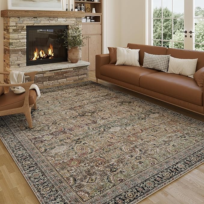 6x9 Washable Area Rug Brown Vintage Distressed Living Room Bedroom Large Throw Rug Non Slip Low Pile Soft Accent Indoor Floor Carpet for Dining Room Office Entryway Kitchen
