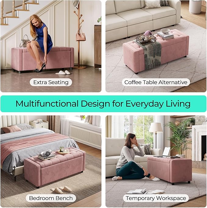 LINSY 50 Inches Wide Storage Ottoman Bench, Upholstered Foot Rest Stool, Long Bench Footstool, Couch Ottoman, Ottomans for Living Room, Entryway, End of Bed Storage Bench for Bedroom (Pink)