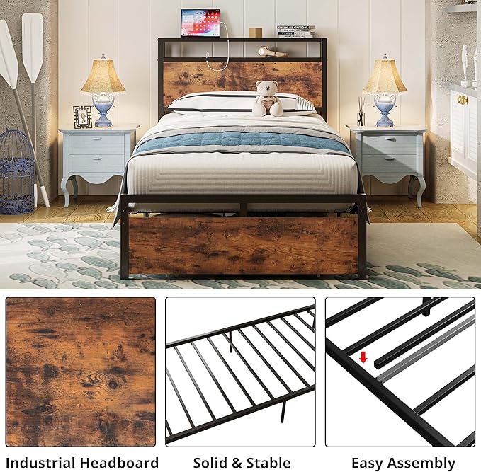 LIKIMIO Twin XL Bed Frames with Drawer, Storage Headboard with Outlets, No Box Spring Needed, Easy Assembly, Vintage Brown