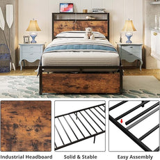 LIKIMIO Twin XL Bed Frames with Drawer, Storage Headboard with Outlets, No Box Spring Needed, Easy Assembly, Vintage Brown