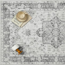 Gray 6x9 Area Rug Washable Vintage Living Room Carpet Non Slip Retro Distressed Low Pile Soft Oriental Medallion Thin Large Grey Throw Rug for Office Bedroom Dining Room Playroom
