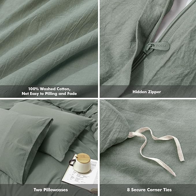 FOSSA Duvet Cover Set 100% Washed Cotton Linen Feel Super Soft Breathable Cozy Simple Style 3 Pieces Bedding Sets Solid Heathered Green California King