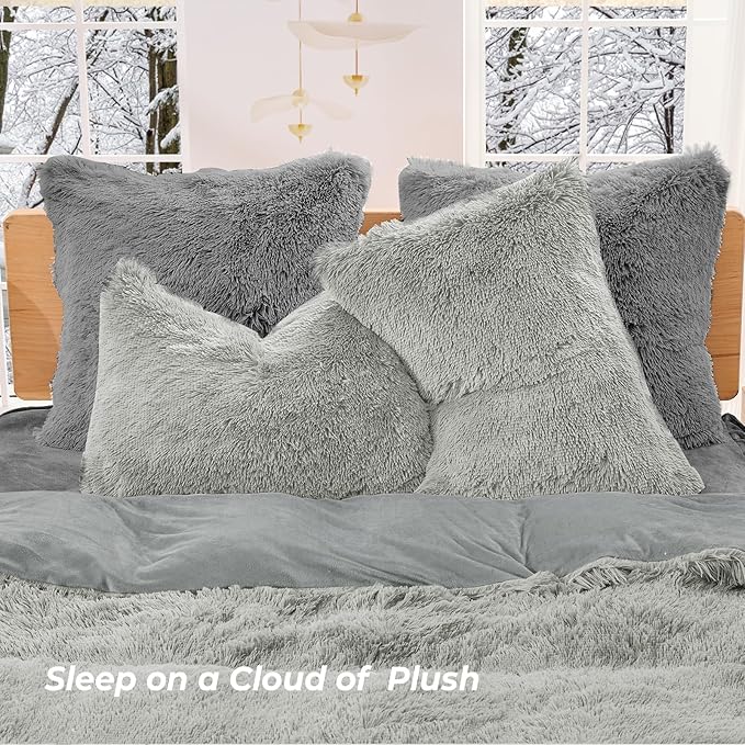 Sasttie 3-Piece Fluffy Duvet Cover Full, Ultra Soft Faux Fur and Velvet Light Grey Comforter Cover, Luxury Fuzzy Bedding Sets for Winter Bed, Includes 1 Duvet Cover and 2 Pillowcases, No Comforter