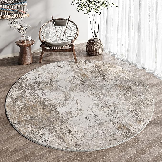 4x4 Washable Round Rug Brown Grey Abstract Entryway Area Rug Neutral Modern Non Slip Soft Low Pile Carpet for Bathroom Kitchen Living Room Bedroom Entrance