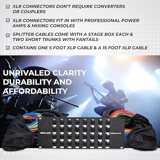 Seismic Audio Speakers Rack Mount 32 Channel XLR TRS Combo Splitter Snake Cable, 5’ And 15’ XLR Trunks, 32 Channel Splitter