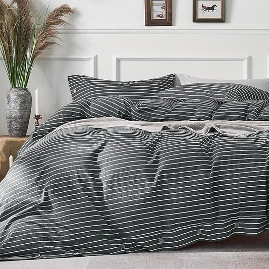 JELLYMONI Cotton Duvet Cover Queen Size - Gray Pinstriped Comforter Cover with Button 100% Washed Cotton 3PCS Breathable Soft Solid Bedding Set Duvet Cover 90×90in & 2 Pillowcases (NO Comforter)