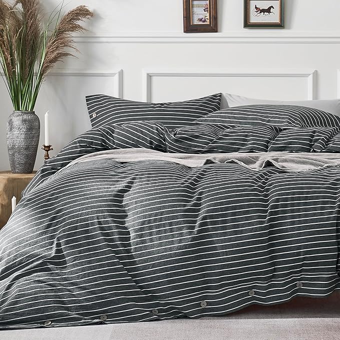 JELLYMONI Cotton Duvet Cover Cal King Size - Gray Pinstriped Comforter Cover with Button 100% Washed Cotton 3PCS Breathable Soft Bedding Set Duvet Cover 104×98in & 2 Pillowcases (NO Comforter)