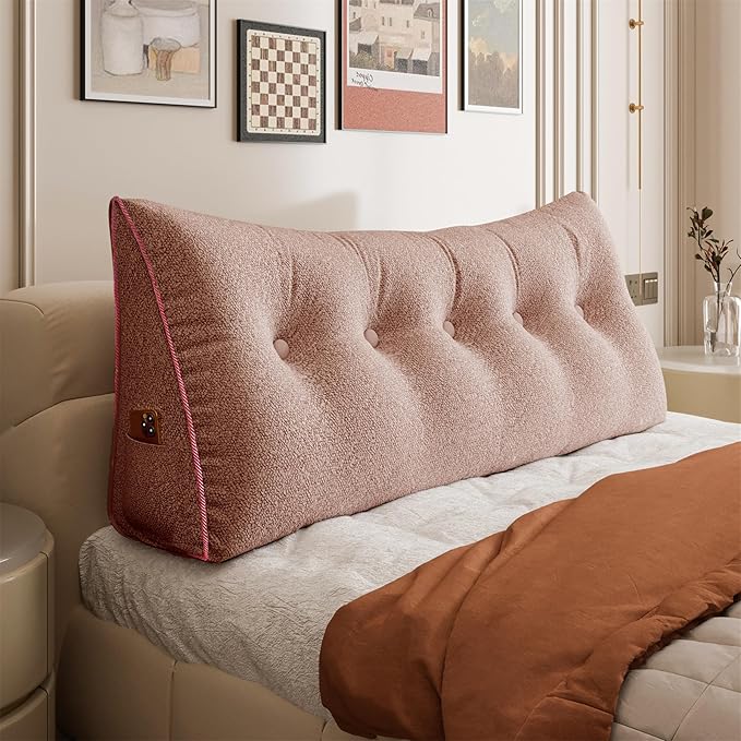 11 lbs Thickened Queen Wedge Pillow Headboard Body Positioner Bed Wedge Pillow Backrest Triangular Headboard Pillow for Sleeping with Side Pocket Velvet Positioning Support Pink