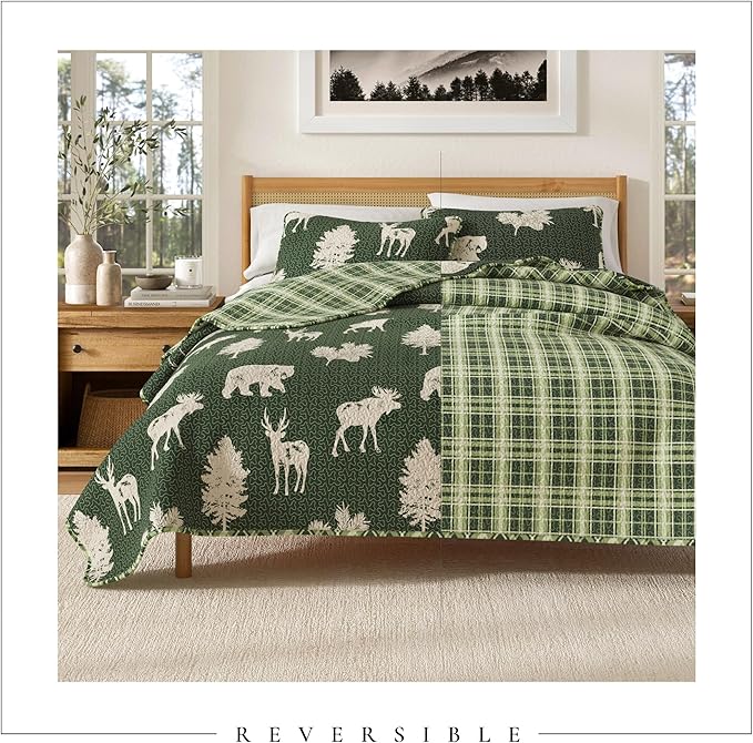 Great Bay Home Lodge Bedspread King Size Quilt with 2 Shams. Cabin 3- Piece Reversible All Season Quilt Set. Rustic Quilt Coverlet Bed Set. Rio Ridge Collection (Forest Green)