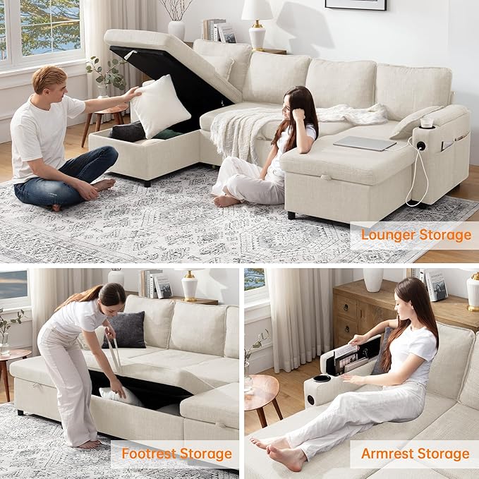 DURASPACE Sofa Bed Sleeper Sofa Pull Out Couch with Double Storage Chaise, Sectional for Living Room, U Shaped Couch with Removable Covers (Beige)