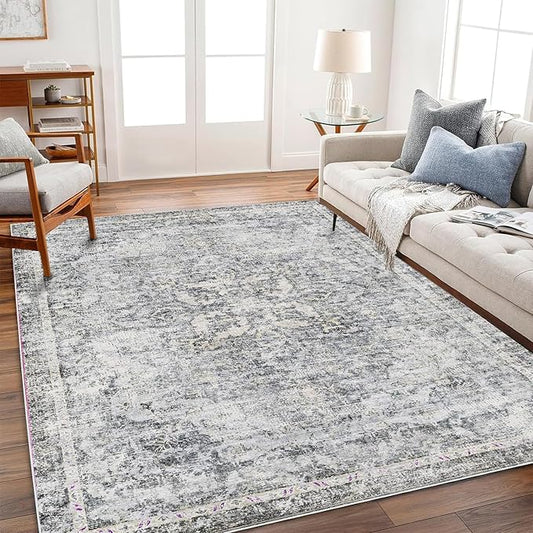 Area Rug 5'x7' Washable Rug Vintage Traditional Floor Cover Thin Retro Kitchen Indoor Distressed Non Slip Carpet for Living Room Bedroom Dining Room
