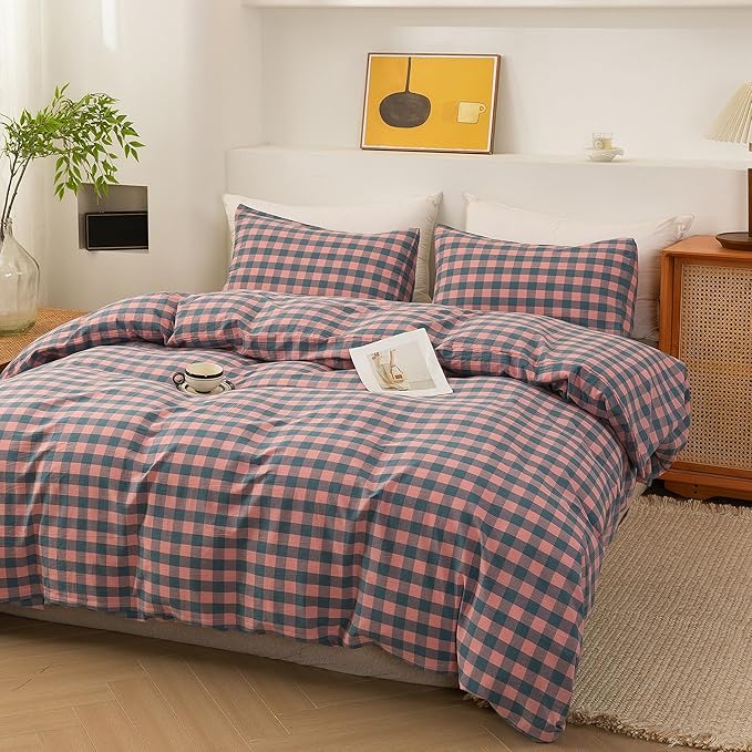 ECOCOTT Duvet Cover Set, 100% Washed Cotton Linen-Like Soft & Breathable, Durable Comfy Bedding Set for All Seasons King Size, Purple Pink Plaid
