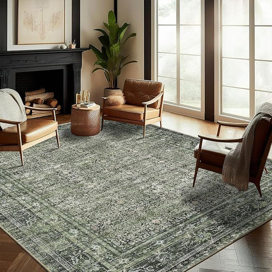 Washable Area Rug 10'x14' Boho Design Non-Shedding Easy Care Ideal for High Traffic Areas in Living Room Bedroom Office Coffee Table Kitchen Large Carpet
