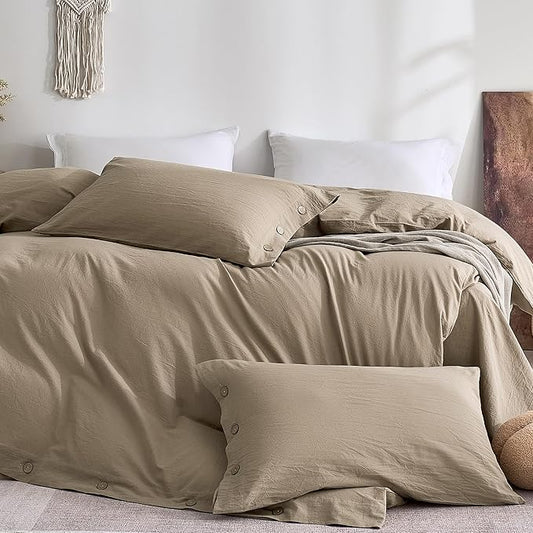 JELLYMONI 100% Washed Cotton King Pillowcases Set, 2 Pack Linen-Like Texture Breathable Pillow Covers with Button Closure,Dusty Khaki King 20"×36"(Pillows are not Included)
