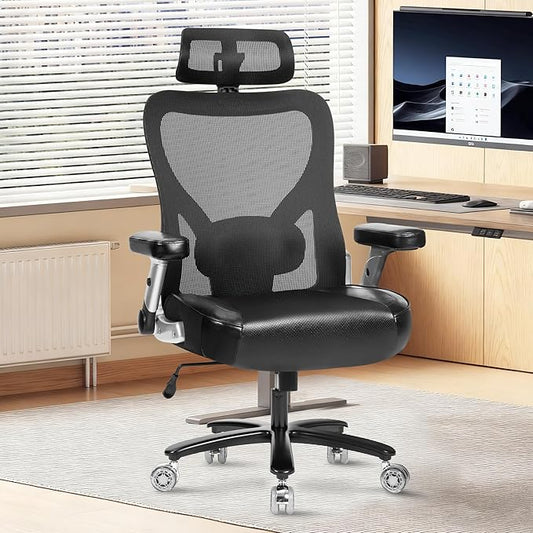 Super Big and Tall Office Chair 600lbs- Heavy Duty Executive Computer Chair with Rubber Wheels 3D Flip Arms, Ergonomic Mesh High Back Desk Chair, Extra Wide Seat Adjustable Lumbar Support&Headrest