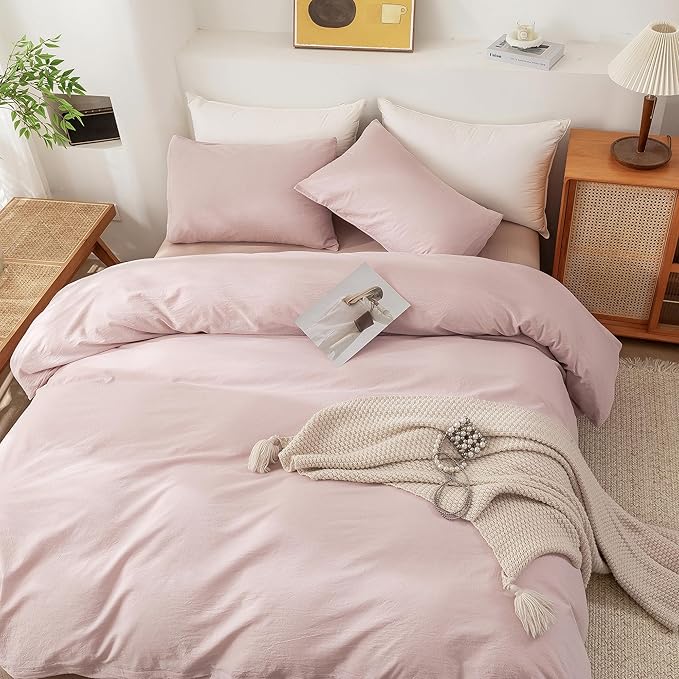 ECOCOTT Duvet Cover King Size - 100% Washed Cotton Durable Soft Comfy Duvet Cover Set, 3 Pieces Duvet Cover with Zipper Closure, No Comforter (Greyish Pink)