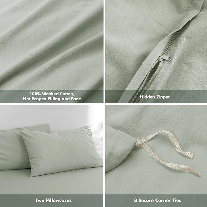 FOSSA Duvet Cover Set 100% Washed Cotton Linen Feel Super Soft Breathable Cozy 3 Pieces Bedding Sets Solid Sage Green Super King