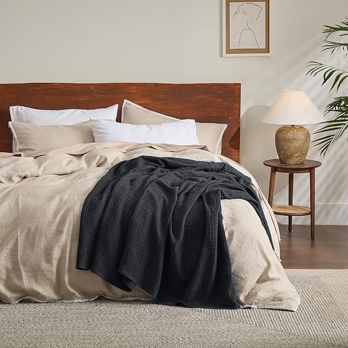 Bedsure Gentlesoft 100% Cotton Blanket Twin XL Size for College Dorm - Breathable and Soft, Waffle Weave Twin Blanket for Summer, Dorm Room Essentials, Black, 66x90 inches