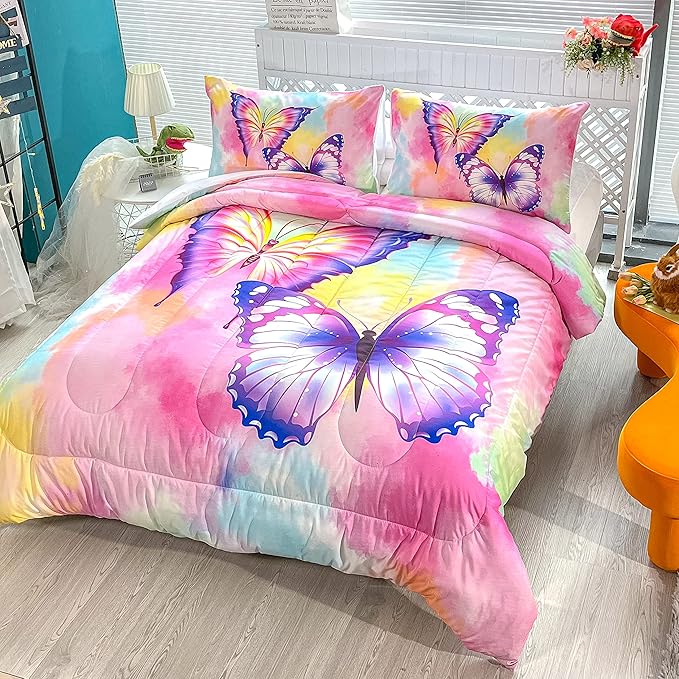 CVHOUSE Butterfly Bedding Set,Butterfly Comforter Queen,Butterfly Comforter Set for Girls Kids Teens,Butterflies Quilt Set with 1 Comforter and 2 Pillow Cases