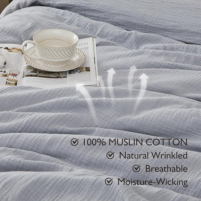 EMME Muslin Cotton Duvet Cover Set Light Grey Twin Size Linen Like Soft Breathable Lightweight Summer Comforter Cover Set with Zipper Closure (Light Grey, Twin, 68"x90")