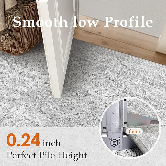 Gray Area Rug 8x10 for Living Room Washable Vintage Carpet Low Pile Non Slip Distressed Soft Traditional Retro Oriental Large Grey Accent Throw Rug Office Bedroom Dining Room Playroom