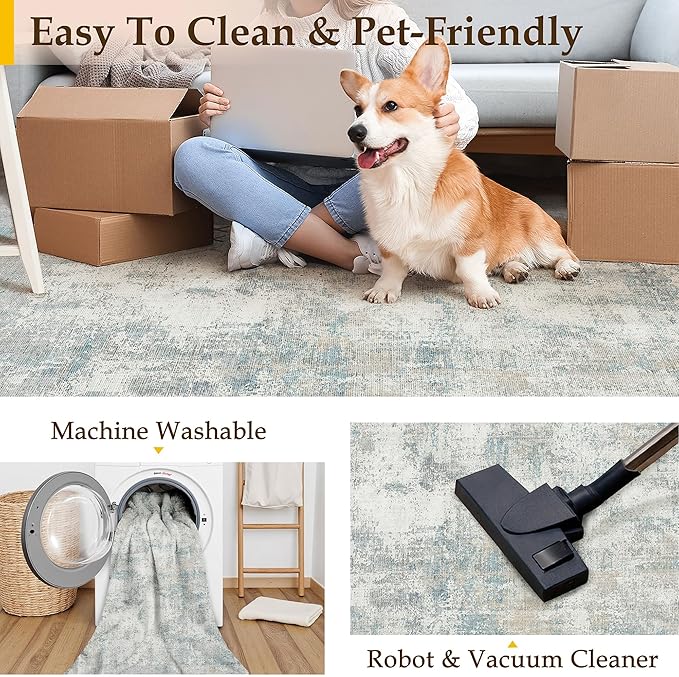 3x8 Washable Runner Rug Blue Cream Abstract Hallway Kitchen Throw Rug Neutral Modern Non Slip Soft Low Pile Lightweight Carpet for Bathroom Laundry Bedroom Living Room