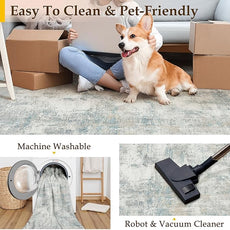 8x10 Washable Area Rug Blue Cream Abstract Living Room Bedroom Carpet Neutral Modern Non-Slip Soft Low Pile Lightweight Vacuumable Large Throw Rug for Dining Room