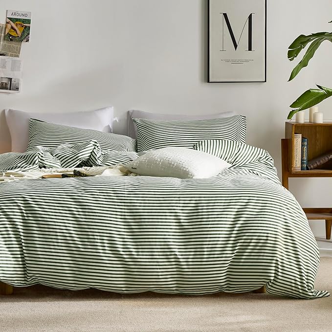 JELLYMONI 100% Natural Cotton 3pcs Striped Duvet Cover Sets,White with Green Stripes Pattern Printed Comforter Cover,with Zipper Closure & Corner Ties(Queen Size)