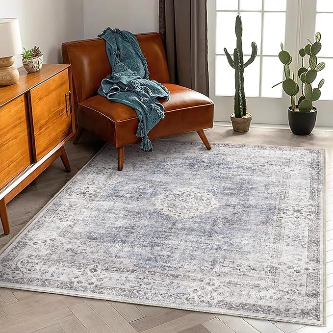Washable Area Rug 4'x6' Vintage Traditional Floor Cover Foldable Thin Rugs Retro Kitchen Indoor Distressed Non Slip Carpet Floral Print Mat Bedroom Living Room