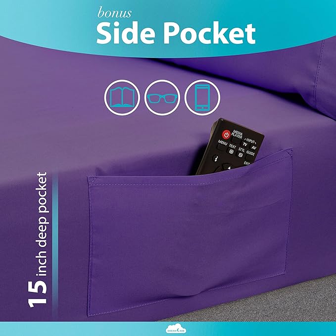 DREAMCARE Twin XL Sheet Sets – 3pcs Cooling Sheets – up to 15” Deep Pocket Twin XL Sheets Set – Hotel Luxury Sheets & Pillowcases – Superior Softness 100% Fine Microfiber with Side Pocket – Purple DREAMCARE