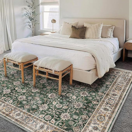 Washable Area Rug 9'x12' Retro Boho Design Non-Shedding Easy Care Ideal for High Traffic Areas in Living Room Bedroom Office Coffee Table Kitchen Large Carpet