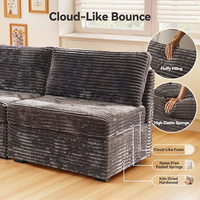 Large 6 Seat Modular Sectional Sofa with Ottoman Seat Corduroy Sleeper Sectional Sofa Bed Oversized Convertible Modular Couch for Living Room