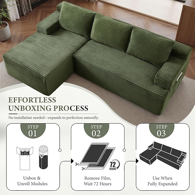 96''Sectional Couches for Living Room,Modern Modular Sectional Sofa,Upholstered Boneless Couch with Pockets,Comfy Cloud Couch with L Shaped Chaise (Green, 96''W Left Facing Chaise)