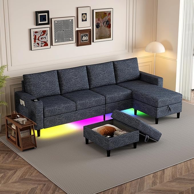 Sectional Couches for Living Room, 4 Seat Sectional Sofa with Smart Module-Wireless Charging/USB/Type-C/RGB Light, U Shaped Couch with Reversible Chaise Lounge/Storage Ottoman (Blue)