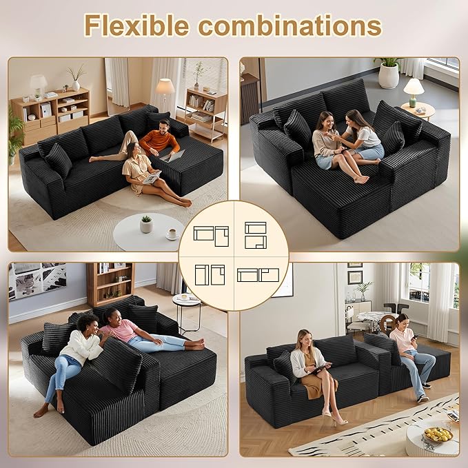 105''Sectional Cloud Couch with L Shaped Chaise,Modern Modular Sectional Sofa,Comfy Sectional Couches for Living Room,Bedroom,Apartment (Black, 105''W Right Facing Chaise)