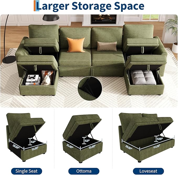GarveeHome Sectional Sleeper Sofa with Pull Out Bed, Corduroy Modular Sectional 6 Seat Couch with Pull Out Couch and Storage Seat & 2 Ottomans, Convertible Couches for Living Room