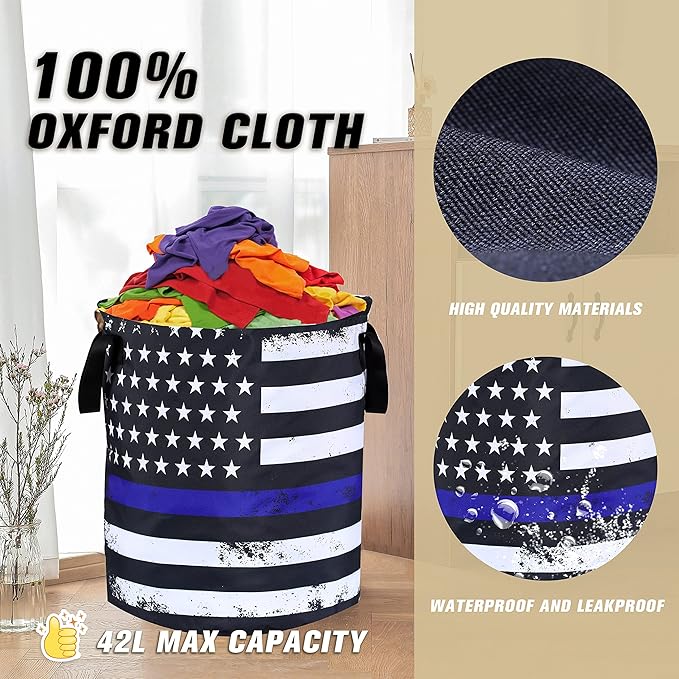 American Flag Thin Blue Line Flag Laundry Basket Foldable Oxford Cloth Funny Tote Bag Laundry Hamper Clothes Storage Bucket Organizer For Bathroom/Laundry Storage /Bedroom17.7x13.7 Inch
