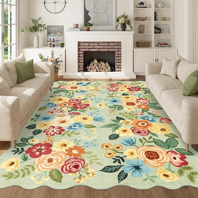 DUKINO 6x9 Area Rug, Floral Washable Rugs for Living Room with Non Slip Backing & Non-Shedding, Lightwight Low Pile Boho Design Large Carpets for Bedroom, Living Room, Dining Room, Green