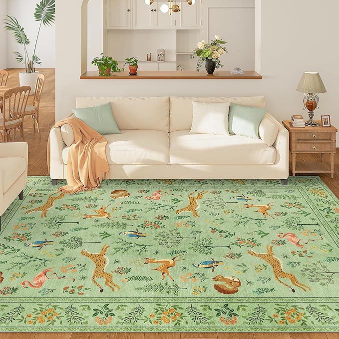 DUKINO 8x10 Rug, Washable Animal Living Room Rug with Non Slip Vintage Design, Soft Low Pile Large Carpet for Bedroom, Nursery, Dining Room, Farmhouse, Playroom, Light Green