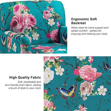 Accent Chair, Mid Century Modern Comfy Armchair for Living Room, Linen Fabric Single Sofa Lounge for Reading Bedroom Apartment Waiting Room with Wood Legs (Floral, Set of 2)