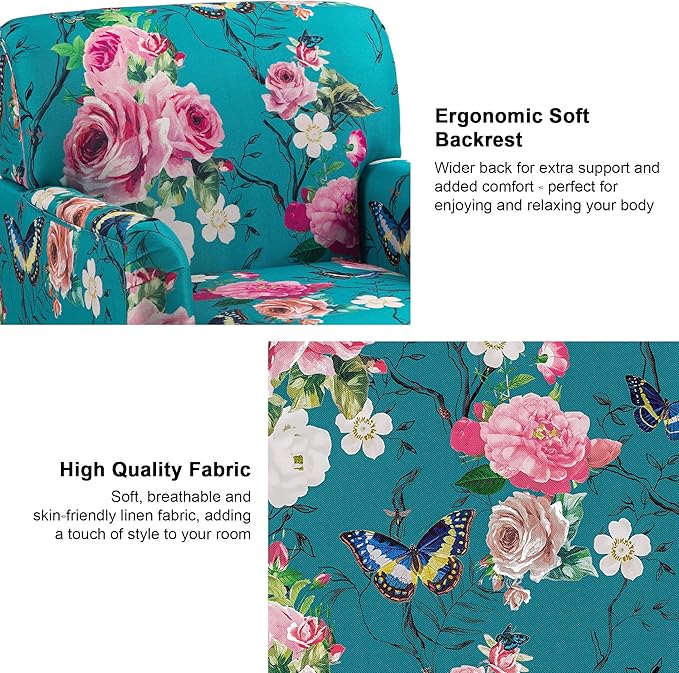 Accent Chair, Mid Century Modern Comfy Armchair for Living Room, Linen Fabric Single Sofa Lounge for Reading Bedroom Apartment Waiting Room with Wood Legs (Floral, Set of 2)