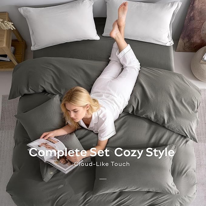 JELLYMONI 100% Washed Cotton Duvet Cover King – Soft, Breathable Linen-Look Bedding with Natural Wrinkle Texture, Button Closure, 3-Piece Set (Dark Grey, 104"x90")
