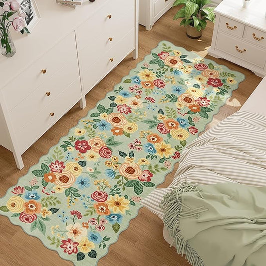 DUKINO 2x6 Runner Rug for Hallway, Washable Kitchen Rug with Non Slip Backing & Non-Shediing, Soft Low Pile Floral Design Runner for Bedroom, Kithchen, Living Room, Laundry, Bathroom, Green