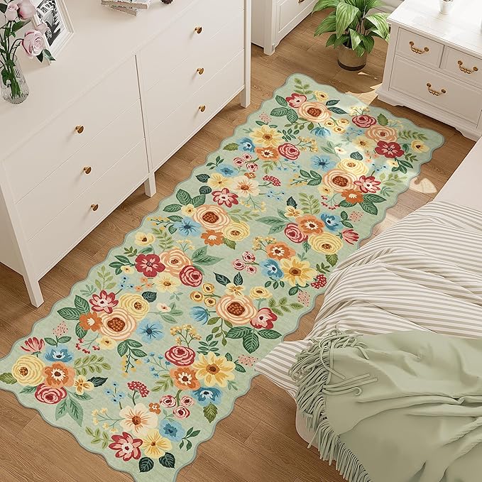 DUKINO 2.6x8 Runner Rug for Hallway, Washable Kitchen Rug with Non Slip Backing & Non-Shediing, Soft Low Pile Floral Design Runner for Bedroom, Kithchen, Living Room, Laundry, Bathroom, Green