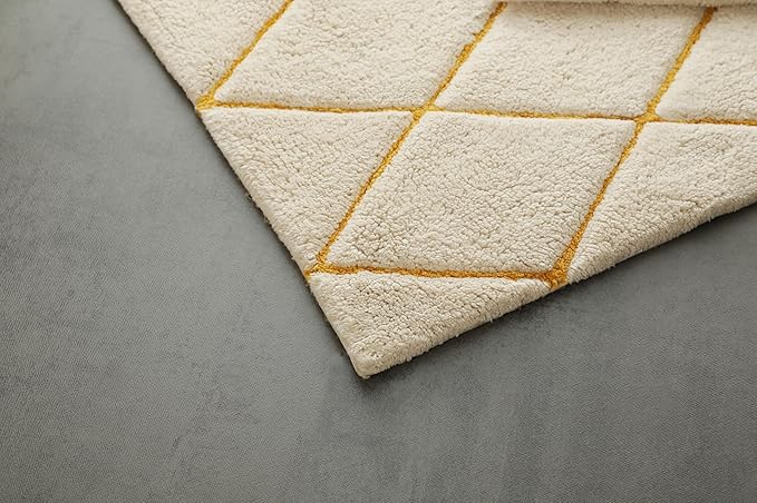 Organic Cotton Bathroom Rug, Luxury Non Slip Ultra Soft & Water Absorbent Bath Mat, Diamonds Design Premium Rug, Perfect for Tub & Shower, Toilet Floors, Door Mat (36"x24", Ivory & Yellow Ochre)