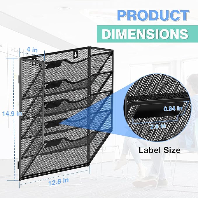 Kuntine.B Wall File Organizer (Black, 5 Tier & Hangers)