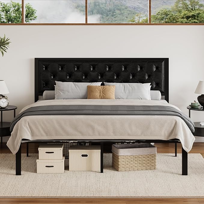 SHA CERLIN King Size Metal Platform Bed Frame, PU Leather Upholstered Button Tufted Headboard, Mattress Foundation with 12.4” Under-Bed Storage, Noise-Free, Easy Assembly, No Box Spring Needed, Black