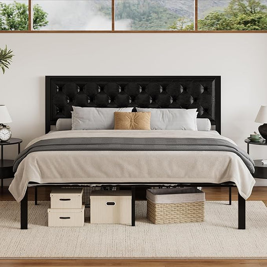 SHA CERLIN King Size Metal Platform Bed Frame, PU Leather Upholstered Button Tufted Headboard, Mattress Foundation with 12.4” Under-Bed Storage, Noise-Free, Easy Assembly, No Box Spring Needed, Black